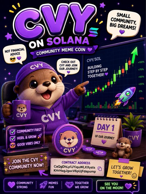 A promotional graphic for 'CVY on Solana,' a community meme coin featuring a cartoon otter character in purple CVY apparel, with text including 'SMALL COMMUNITY, BIG DREAMS!', 'NOT FINANCIAL ADVICE', 'CVY/SOL BUILDING STEP BY STEP TOGETHER!', and a contract address.