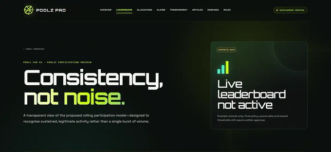 Dark-themed website screenshot for 'Poolz Pro' featuring the tagline 'Consistency, not noise,' describing a transparent view of proposed rolling participation models, with a 'Live leaderboard not active' message displayed on the right.