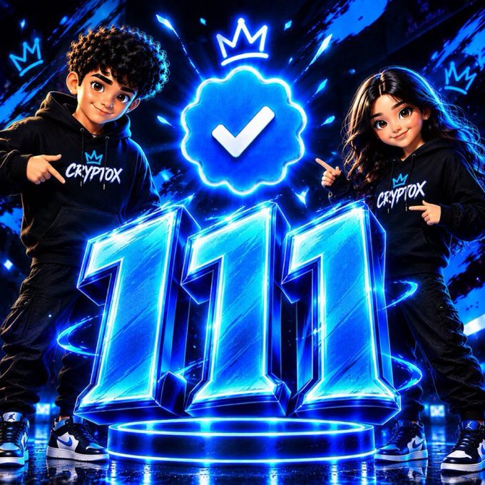 A digital artwork features two cartoonish figures wearing black hoodies labeled 'CRYPTOX' pointing at a glowing blue '111' and a verification checkmark badge against a dark background.
