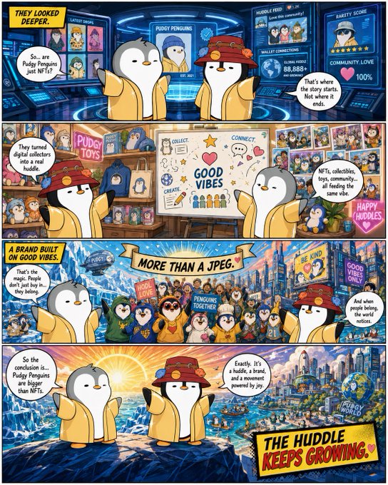 A four-panel Pudgy Penguins NFT comic showing penguin characters discussing how the digital collectibles became a real brand, featuring shops, community, and cityscapes, concluding with the tagline 'The Huddle Keeps Growing'.