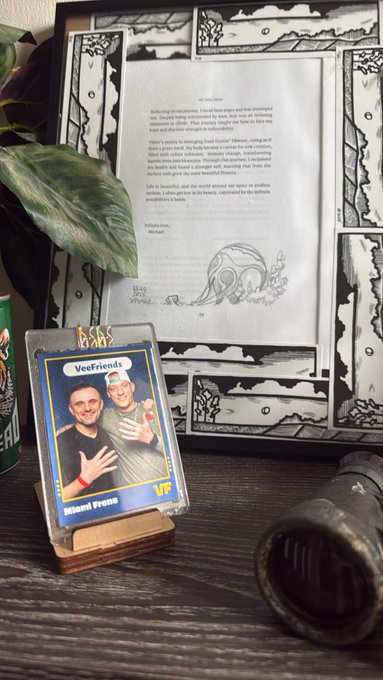 A small framed "Veefriends" trading card labeled "Miami Dream" showing two smiling men, placed on a wooden surface in front of a framed printed page, with a green plant on the left.
