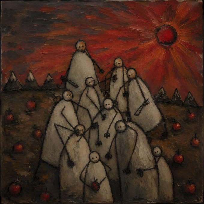 A folk-art style painting depicting ghost-like white figures with small faces gathered together under a vivid red sun and dark sky, surrounded by small red fruits on the ground.
