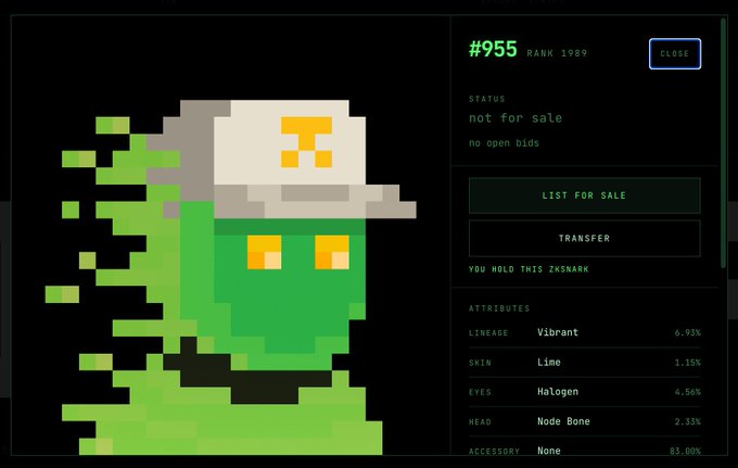 A pixel art NFT of a green ZKSNARK character (#955, Rank 1989) with attributes including Lineage: Vibrant, Skin: Lime, Eyes: Halogen, Head: Node Bone, and Accessory: None, listed as 'not for sale'.