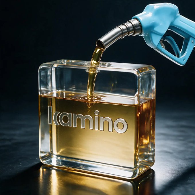 A 3D-rendered image of a glass perfume bottle labeled "kamino" being filled with golden liquid from a blue gas pump nozzle.
