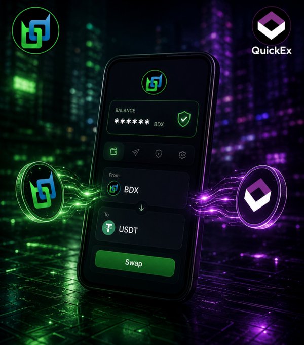 A promotional graphic features a smartphone displaying a cryptocurrency swap interface between BDX and USDT tokens, surrounded by glowing neon green and purple elements and 'QuickEx' branding.