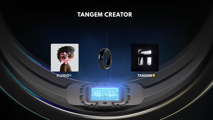 A 'TANGEM CREATOR' promotional graphic showing a FLUXIO character avatar linked to a Tangem ring hardware wallet.