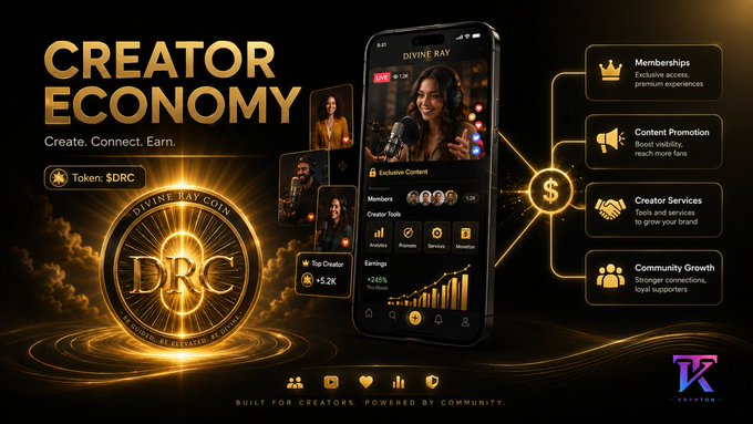 A digital promotional graphic for "CREATOR ECONOMY" featuring "DIVINE RAY COIN" (DRC) token, showing a mobile app interface with features like Memberships, Content Promotion, Creator Services, and Community Growth.