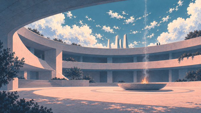 The image depicts a serene, futuristic courtyard featuring a circular colosseum-like structure with a burning flame at its center, evoking imagery of an eternal fire or sacrificial altar. In relation to the post about $WHUF tokens being burned under an 85% price guarantee, the visual of the flame serves as a powerful metaphor for the "burning" of redeemed tokens, symbolizing their destruction and removal from circulation rather than being held by the foundation.