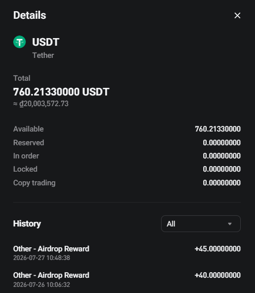 A cryptocurrency wallet Details screen showing USDT (Tether) with a Total balance of 760.21330000 USDT (~$20,003,572.73), including an airdrop reward history entry of +45.00000000 dated 2026-07-27.