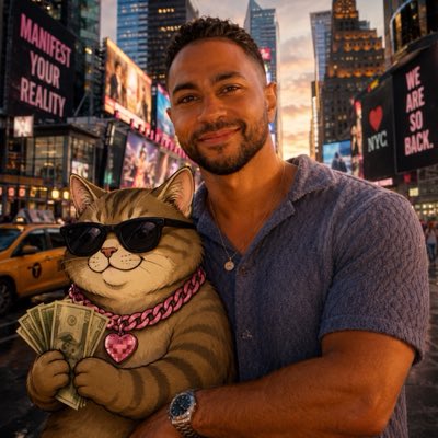 An AI-generated image shows a man in a blue shirt standing in Times Square next to an anthropomorphic cat wearing sunglasses and holding cash.