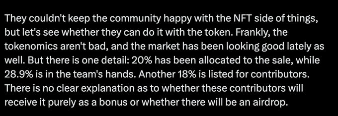 Text discussing tokenomics: 'They couldn't keep the community happy with the NFT side of things, but let's see whether they can do it with the token. Frankly, the tokenomics aren't bad... 20% has been allocated to the sale, while 28.9% is in the team's hands. Another 18% is listed for contributors.'