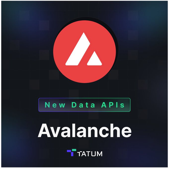Promotional graphic announcing Tatum's new Data API support for the Avalanche (AVAX) blockchain, featuring Avalanche's red triangular logo alongside the text "New Data APIs" and the Tatum logo against a dark gradient background. The image visually reinforces the announcement of expanded developer tools for accessing real-time Avalanche blockchain data, including wallet, DeFi, and token information.