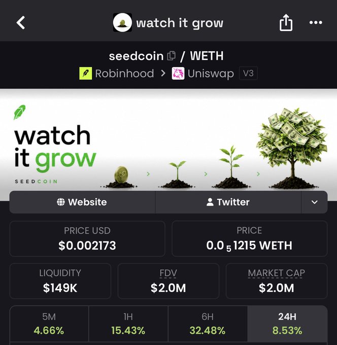 A cryptocurrency trading interface showing 'seedcoin' token paired with WETH on Uniswap V3 via Robinhood, with the tagline 'watch it grow' and statistics like price ($0.002173), liquidity ($149K), and market cap ($2.0M).