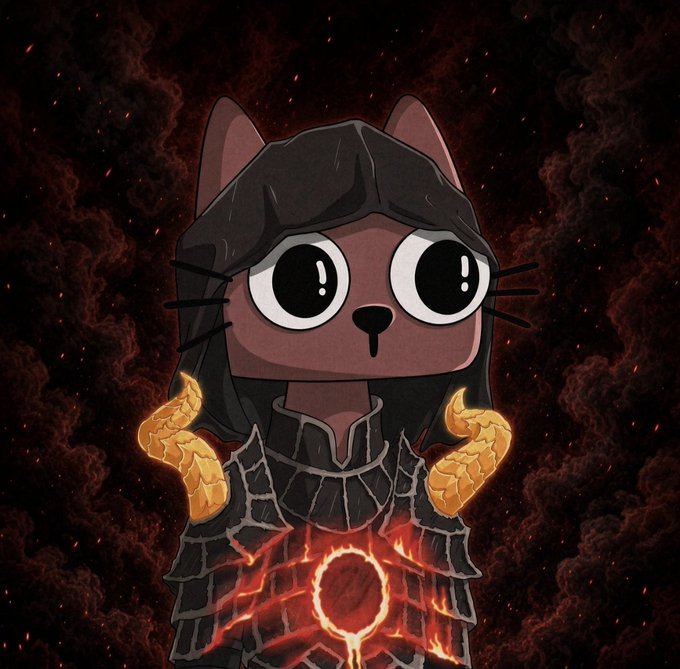 A cartoon-style illustration of a dark cat character with large eyes, wearing dark armor with glowing golden shoulder accents and a glowing red center, set against a dark, smoky red background.