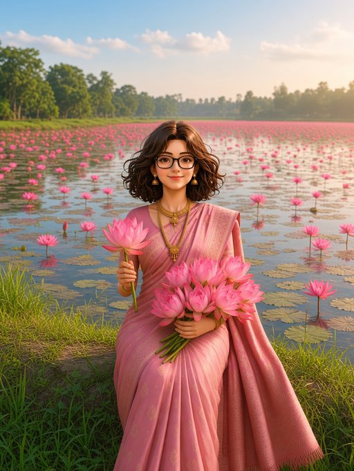 A digital illustration of a woman with glasses wearing a pink sari, holding a bouquet of pink lotus flowers while standing by a lake filled with blooming pink lotuses.