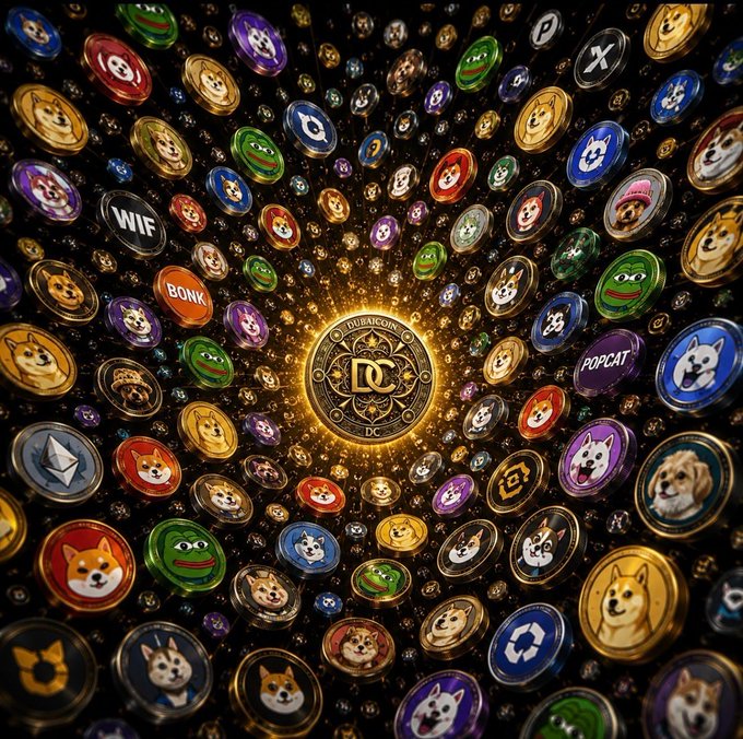 The image features a large number of coins, each with different designs and colors, scattered throughout a black background. The coins are arranged in various patterns and shapes, creating an interesting visual effect. The text "DC" can be seen among some of these coins, indicating that they might be related to the cryptocurrency project called $DC. The image also includes a post about crypto projects that survive every cycle, which is likely connected to the coins displayed in the image.