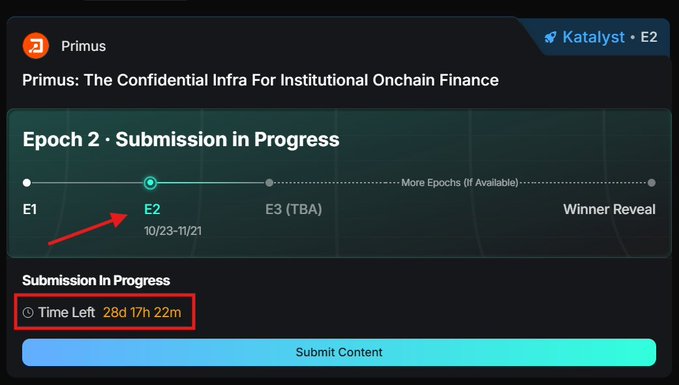 A crypto-hackathon interface for “Primus: The Confidential Infra For Institutional Onchain Finance,” showing “Epoch 2 • Submission in Progress,” E2, “10/23–11/21,” a countdown, and a “Submit Content” button.