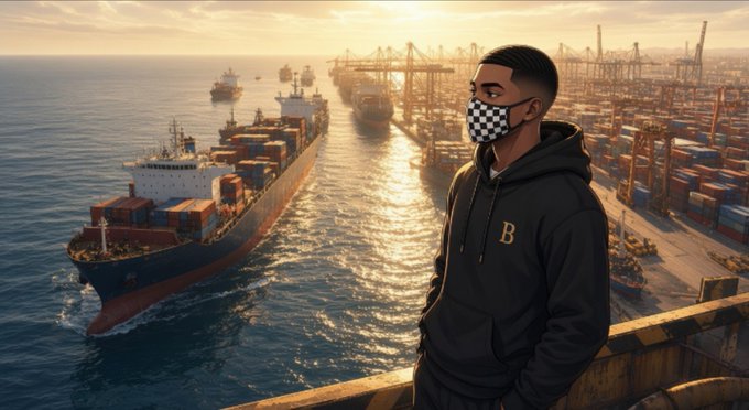 A young man wearing a checkered face mask and a black hoodie with a gold "B" stands overlooking a bustling shipping port at sunset, with cargo ships, containers, and cranes stretching into the distance. The image visually ties to the post by illustrating real maritime operations—the "real vessels" and existing business infrastructure that the post highlights as the foundation behind the $SHIP token.