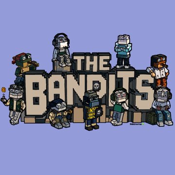 Pixel art characters surround the block text "THE BANDITS" on a light purple background.