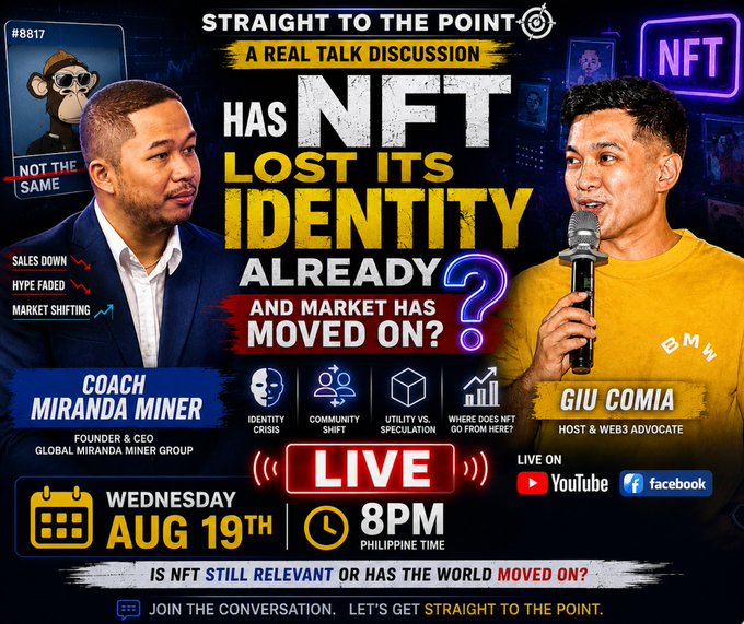 Promotional poster for a live YouTube/Facebook discussion titled "HAS NFT LOST ITS IDENTITY ALREADY?" featuring Coach Miranda Miner and Giu Comia, scheduled for Wednesday Aug 19th at 8PM Philippine time.