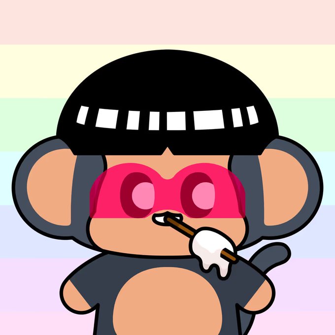 A cartoon illustration of a stylized monkey character wearing a black beanie and pink sunglasses while holding a paintbrush, set against a pastel rainbow background.