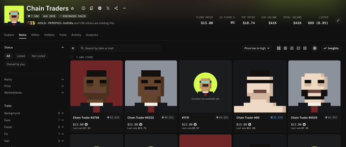 A dark-themed NFT marketplace interface titled 'Chain Traders' displaying pixel-art character NFTs (Chain Trader #2798, #0332, #66, #6929) with floor prices listed in ETH.