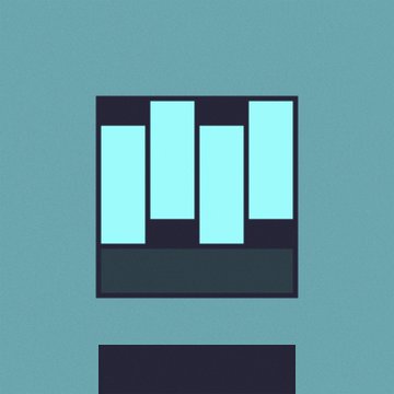 A minimalist digital illustration of a building or structure with light teal rectangular windows on a dark background against a teal sky.