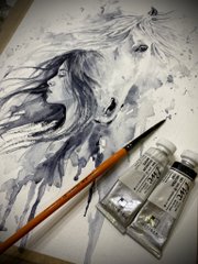 A watercolor painting of a woman with flowing dark hair, accompanied by a paintbrush and two small bottles of paint resting on the artwork.