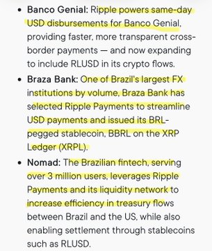 This image is a bulleted text excerpt highlighting three financial partnerships involving Ripple and Brazilian institutions: Banco Genial (using Ripple for same-day USD disbursements with RLUSD support), Braza Bank (leveraging Ripple Payments for BRL-USD conversions on the XRP Ledger), and Nomad (using Ripple's liquidity network for Brazil-US treasury flows via stablecoins like RLUSD). The post's "$XRP BRICS" theme is reflected in the focus on Ripple's expanding role in cross-border Latin American payments, with specific mentions of tickers like RLUSD, BBRL, and XRPL connecting to broader BRICS-aligned financial infrastructure developments.