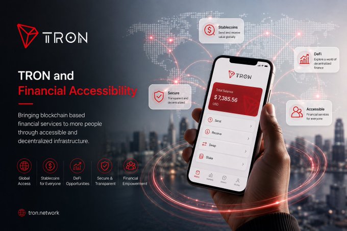 A promotional graphic for TRON featuring the tagline 'TRON and Financial Accessibility - Bringing blockchain based financial services to more people through accessible and decentralized infrastructure,' showing a smartphone displaying a balance of $7,385.56 and features like Send, Receive, Swap, and Stake.