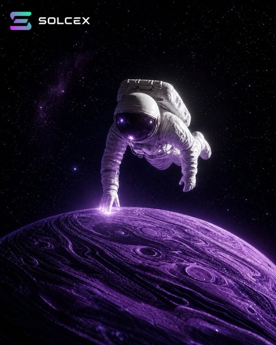 An astronaut in a spacesuit reaches out to touch a glowing purple planet against a starry space backdrop, with the "SOLCEX" logo displayed in the top left corner. The image visually represents the "SolCex staking goes live" announcement, symbolizing the launch and exploration of new opportunities in the SolCex ecosystem.