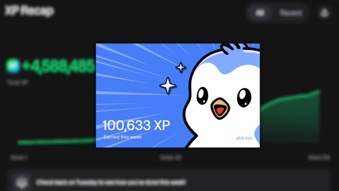 An 'XP Recap' achievement showing a cartoon penguin and the text '100,633 XP Earned this week' with a watermark 'abs.xyz'.