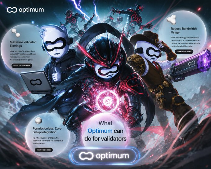 An Optimum cryptocurrency promotional graphic featuring anime-style characters, highlighting features like 'Maximize Validator Earnings', 'Reduce Bandwidth Usage', and 'Permissionless, Zero-Setup Integration'.