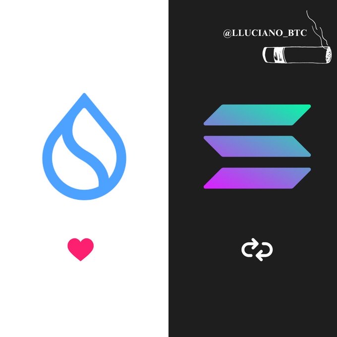 A split image presents $SUI on the left with its blue water drop logo and a pink heart, while $SOL appears on the right with its gradient logo, a smoking cigar graphic, and the handle "@LLUCIANO_BTC" above a swap icon below — visually framing the choice between the two cryptocurrencies.