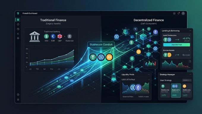 A fintech dashboard visualization comparing 'Traditional Finance (Legacy Assets)' with 'Decentralized Finance (DeFi Ecosystem)', featuring a central 'Stablecoin Conduit' connecting bank icons (USD, EUR, GBP) to crypto liquidity pools, lending, and borrowing assets.