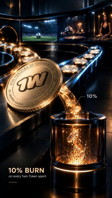 A promotional graphic for '1Win Crypto Casino' featuring a gold '1W' coin with the text 'WIN VERIFIED IN CRYPTO METRIC 13889' and '10% BURN on every 1win Token spent' alongside a '10%' callout.
