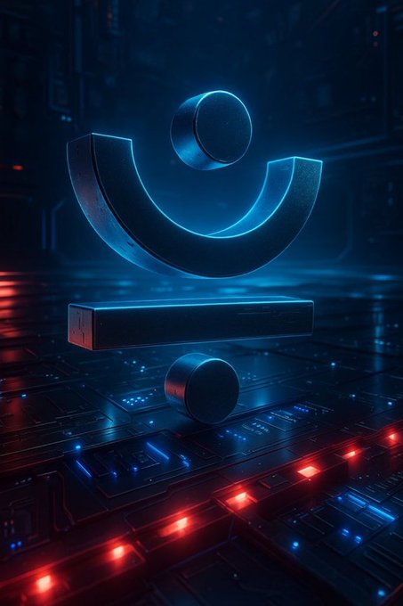 A glowing blue geometric logo featuring a stylized "J" or smile-like symbol hovers above a reflective platform of illuminated circuitry in red and blue. The image visually represents the technological foundation of the JUST ecosystem on the TRON blockchain, reflecting the decentralized and interconnected nature of DeFi infrastructure described in the post.