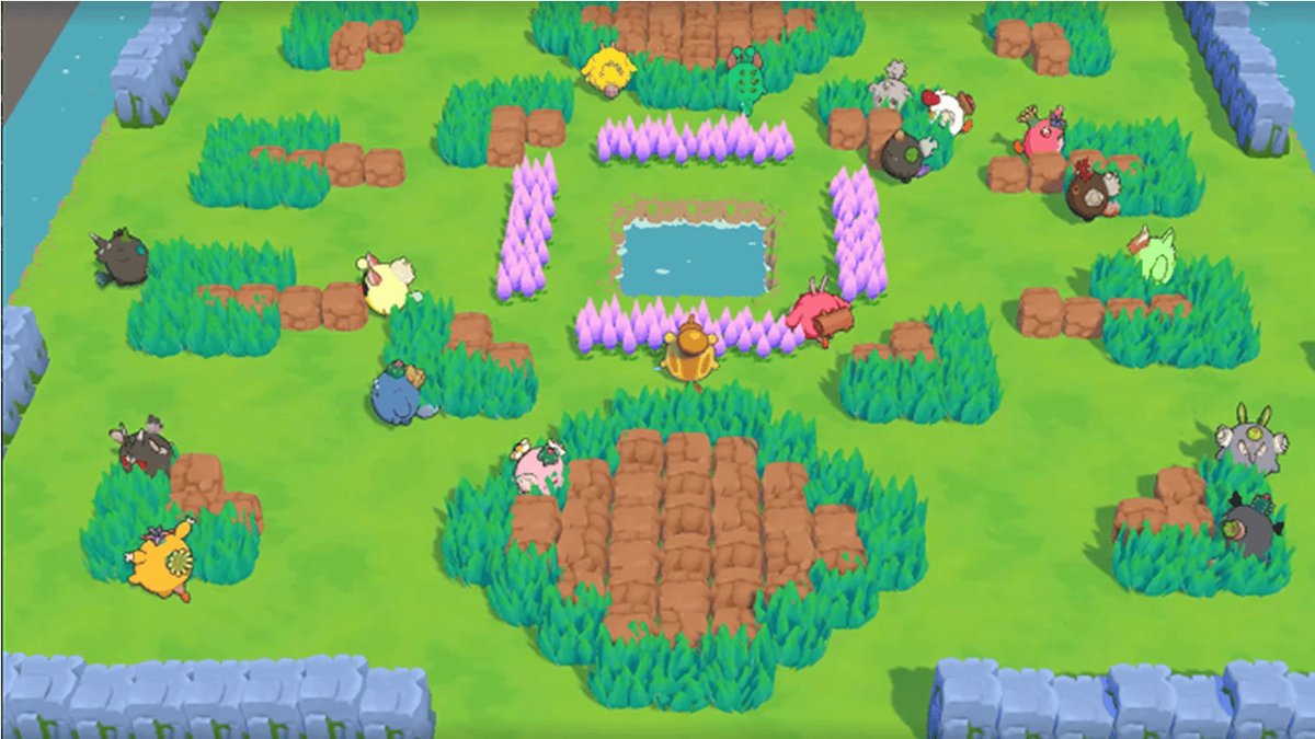 The image shows a cartoon scene of various animals, including cats, dogs, and birds, gathered together in a grassy area with rocks and trees. The animals are spread out across the field, some sitting or standing while others appear to be playing. There is also a small pond located within the scene.