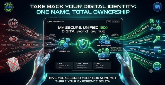 A promotional graphic titled 'TAKE BACK YOUR DIGITAL IDENTITY: ONE NAME, TOTAL OWNERSHIP' for BNS, highlighting features like secure digital workflow, P2P control, simple ownership, private workflows, and global reach.