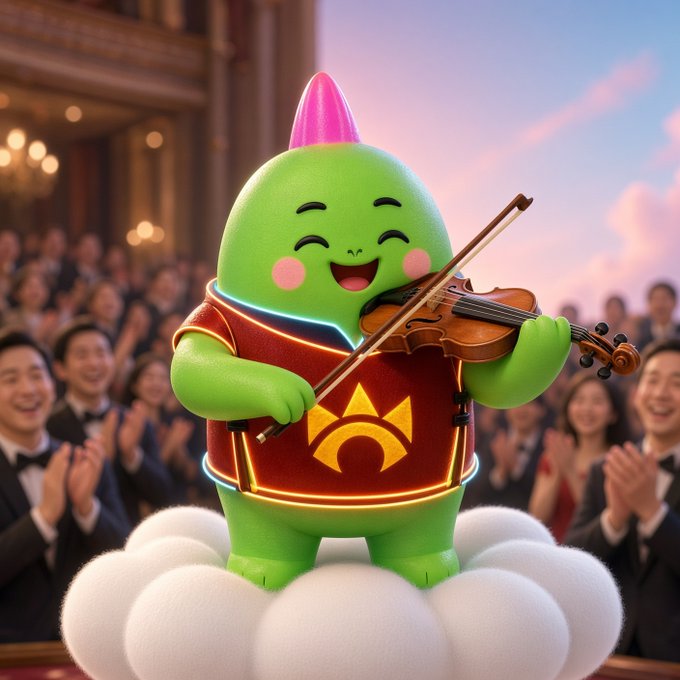 A 3D-rendered green cartoon character with a pink mohawk and a red jacket playing a violin while standing on a white cloud, with an applauding audience in the background.