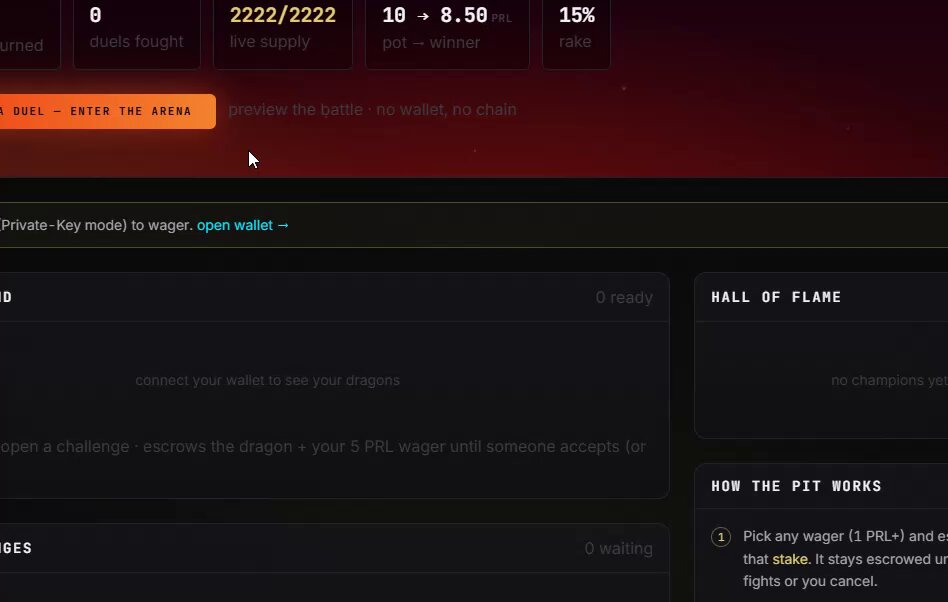 The image shows a screenshot of a computer screen displaying a website called "The Dragon Pit PVP Demo PearlDragon vs PearlDragon". On this webpage, there are multiple statistics and information about the fighting game displayed. A mouse can be seen on the left side of the image while the user types something onto the webpage's keyboard in the center area. The image also features a caption that reads "THE DRAGON PIT PVP DEMO PearlDragon vs PearlDragon Enter the arena with your dragon Wager your $PRL Fighter wins every duel has risk Every win has blood on it Prepare your dragon".