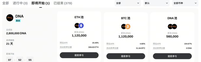 A Chinese-language staking or mining pool dashboard showing a 'DNA' token pool with 2,800,000 DNA total, a 21-day mining period, alongside ETH and BTC pools with their respective rewards.