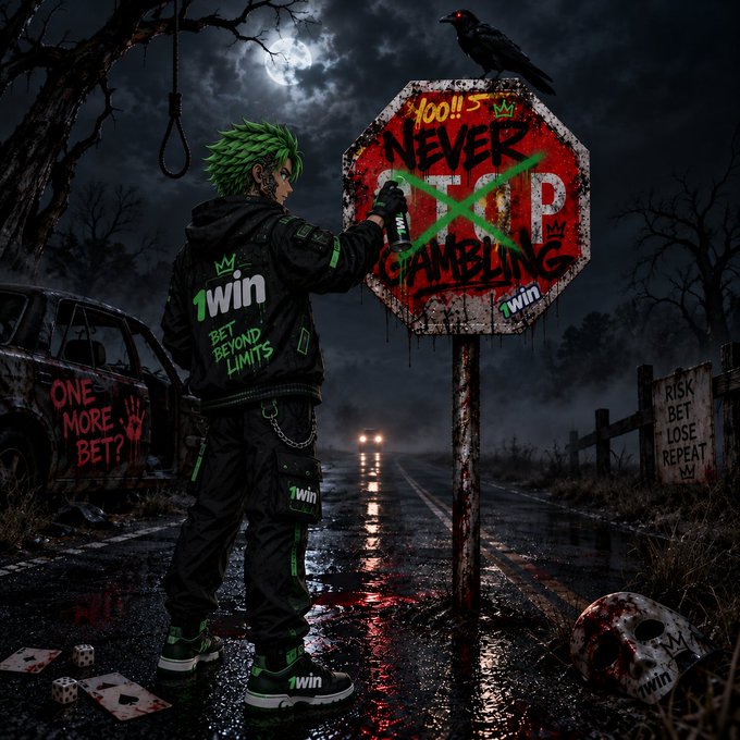 A dark, atmospheric digital artwork depicting a green-haired figure in '1win BET BEYOND LIMITS' branded clothing painting a green 'X' over a red 'NEVER STOP GAMBLING' stop sign, with a hanging noose, a crow, and a skull in the background.
