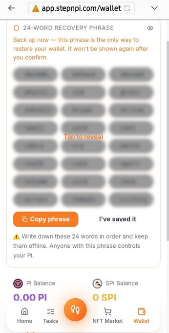 A mobile screenshot of app.stepnpi.com/wallet displaying a '24-WORD RECOVERY PHRASE' backup screen with blurred words, a 'Tap to reveal' button, and balances of 0.00 PI and 0 SPI.