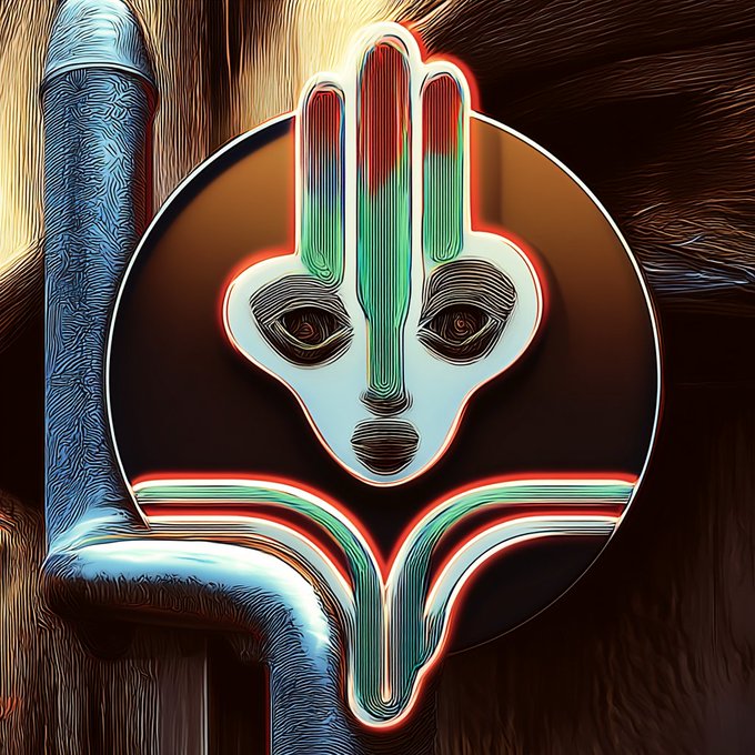 A stylized digital artwork featuring a metallic humanoid face with glowing red and green highlights, its hand raised in front of it.