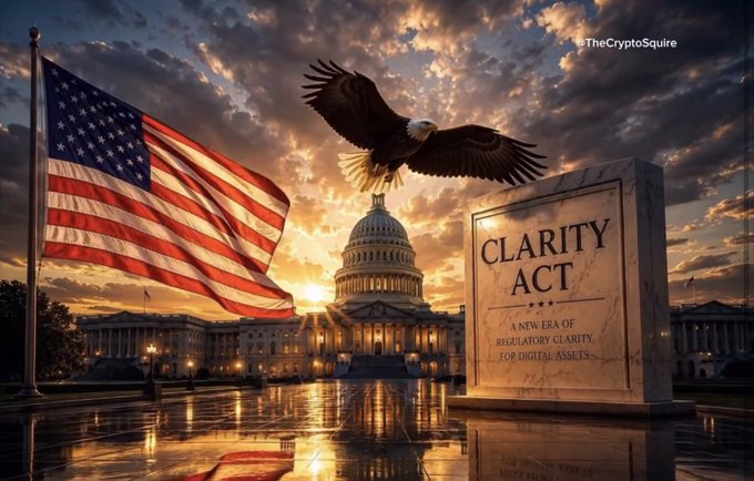 A digital artwork credited to @TheCryptoSquire showing an American flag, a bald eagle, and a monument labeled 'CLARITY ACT - A NEW ERA OF REGULATORY CLARITY FOR DIGITAL ASSETS' in front of the U.S. Capitol building at sunset.