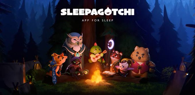 Promotional banner for 'SLEEPAGOTCHI - APP FOR SLEEP' showing various cute animated creature characters gathered around a campfire in a dark forest setting.