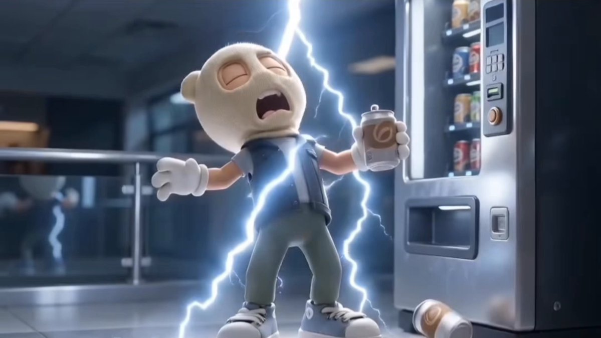 A 3D-rendered plush toy character wearing a blue vest and jeans is being electrocuted by lightning while holding a beverage can next to a vending machine.