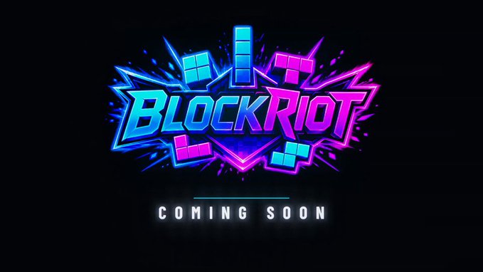 A vibrant neon logo for "BLOCKRIOT" features Tetris-like blocks in cyan and magenta bursting outward from a stylized shield emblem, with "COMING SOON" displayed below in bold white text. The explosive, energetic design perfectly complements the caption by depicting blocks as powerful, weaponized elements ready for battle.