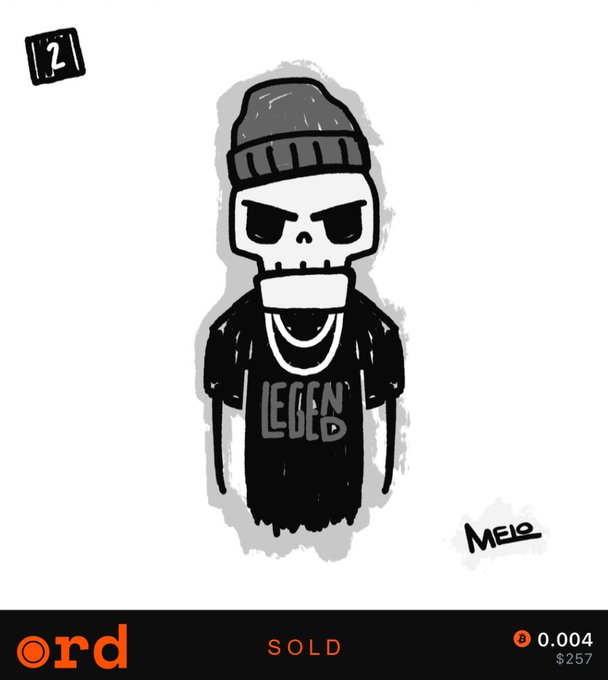 A digital illustration of a skeleton character wearing a beanie and a 'LEGEND' jersey, listed as 'SOLD' on the 'ord' platform for 0.004 ($257), signed by 'Melo'.